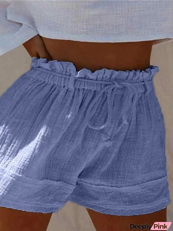 Shorts Solid Elastic Waist Cotton Linen Shorts for Women