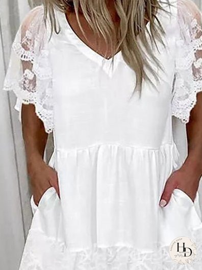 Dresses Lace Pocket V-Neck Short Sleeve Dress for Women