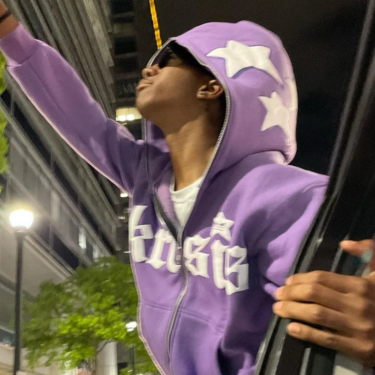 Oversized Stars Streetwear Purple Coat Men's Full Zip Up Hoodies at Hiphopee