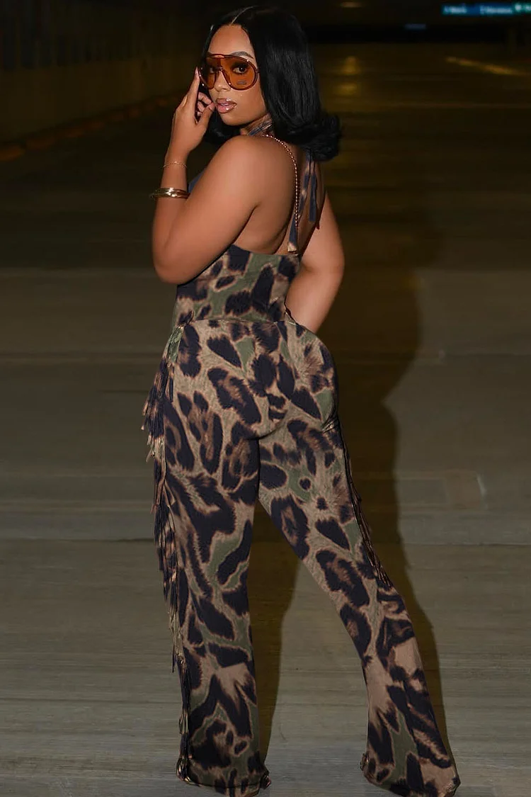 Deep U Neck Sleeveless Leopard Print Fringe Party Jumpsuit-Brown [Pre Order]