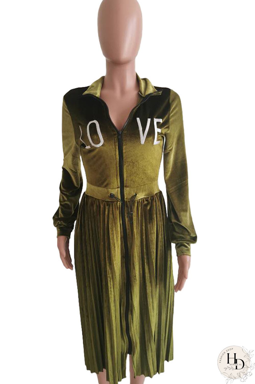 Army Green Sexy Cap Sleeve Long Sleeves Turndown Collar pleated Knee-Length Character Solid Long Sle