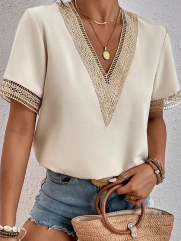 Casual Loose Lace Split-Joint V-Neck T-Shirts Tops