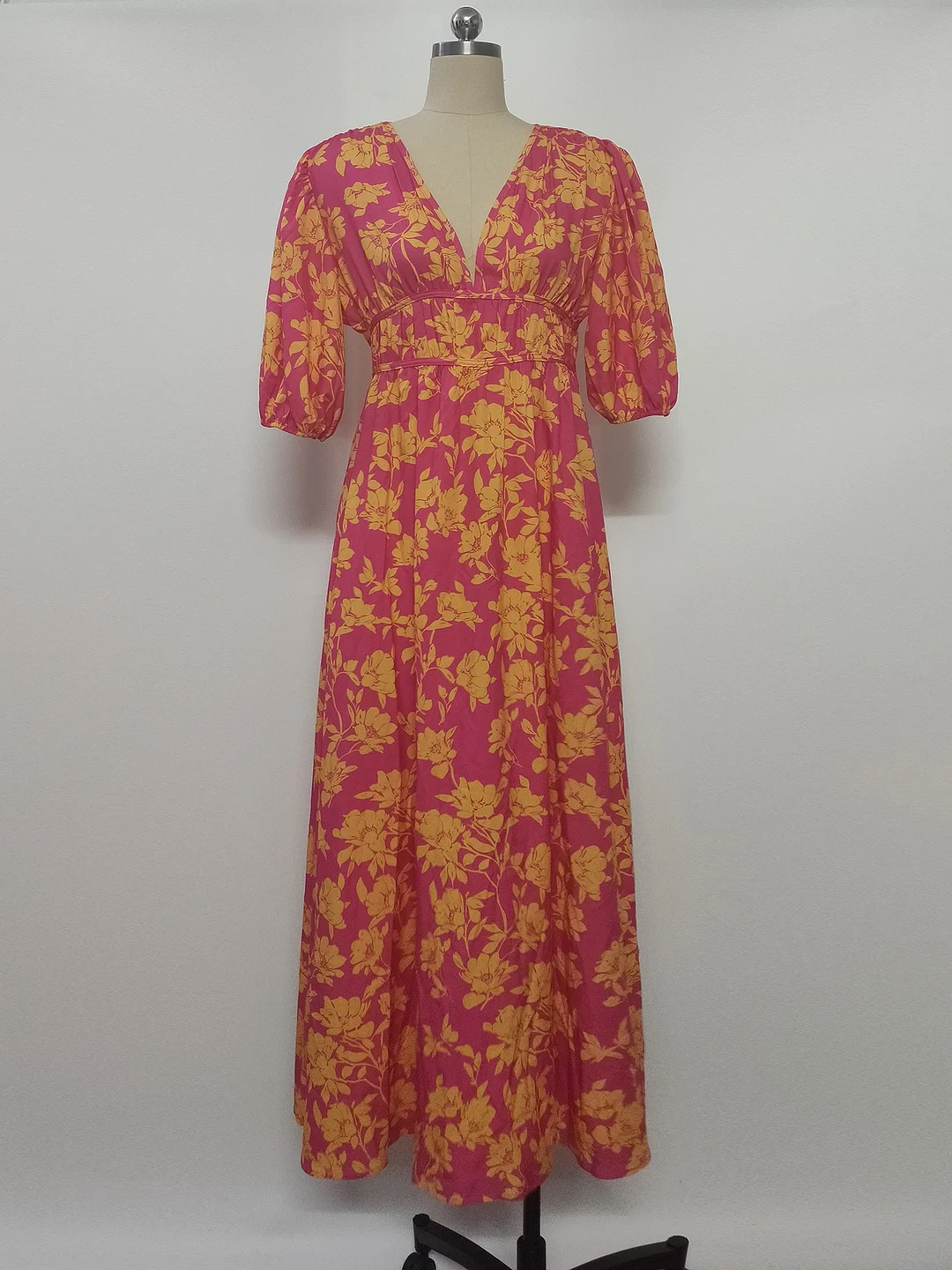 Athvotar Athvotar Summer Print V-Neck Sexy Bohemian Bubble Sleeve Holiday Beach Dress