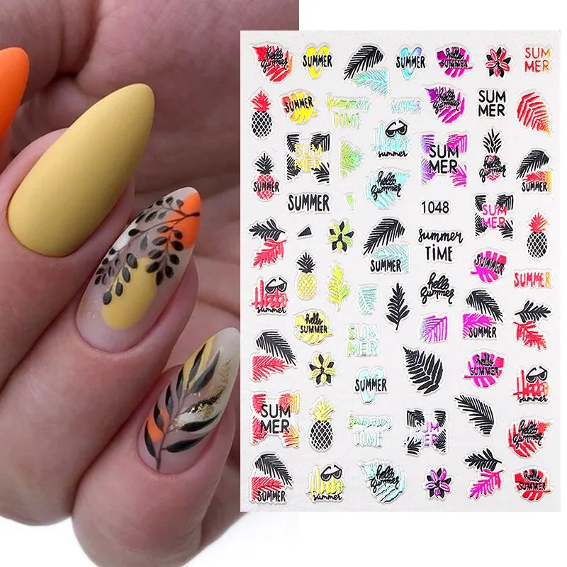 1PC Summer Bronzing Leaf 3D Nail Sticker Iridescent Tropical Leaves Tree Birds Transfer Decals Slider For Nails DIY Decoration