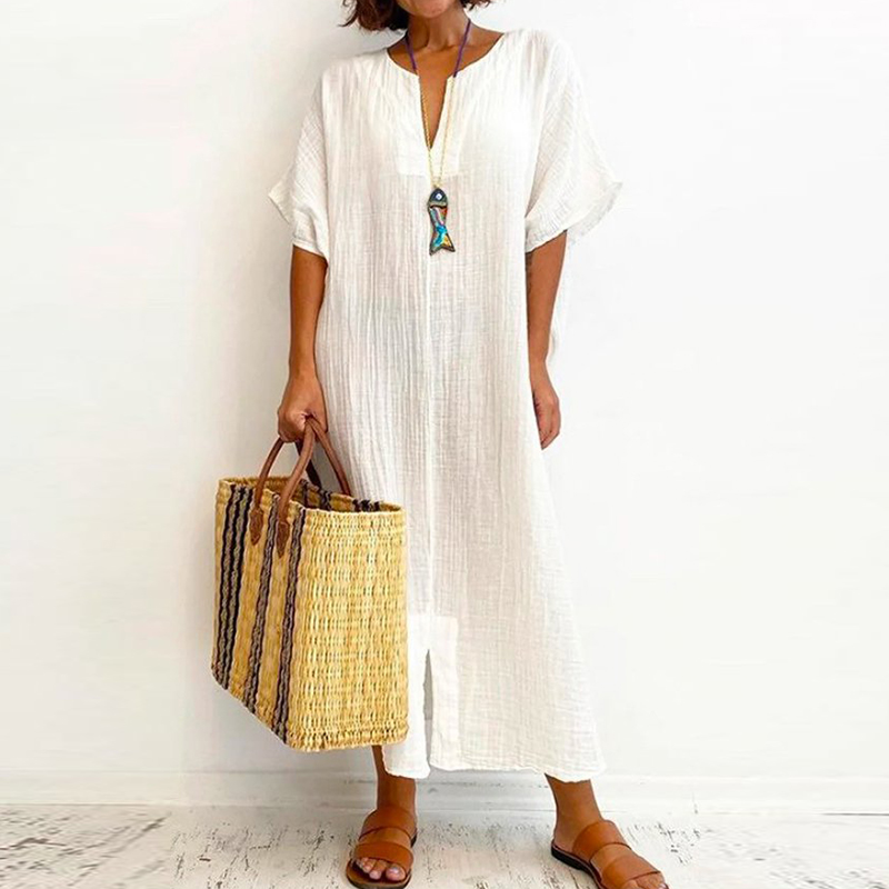 Vintage Cotton Linen Boho V Neck Slit Party Loose Beach Casual Dress