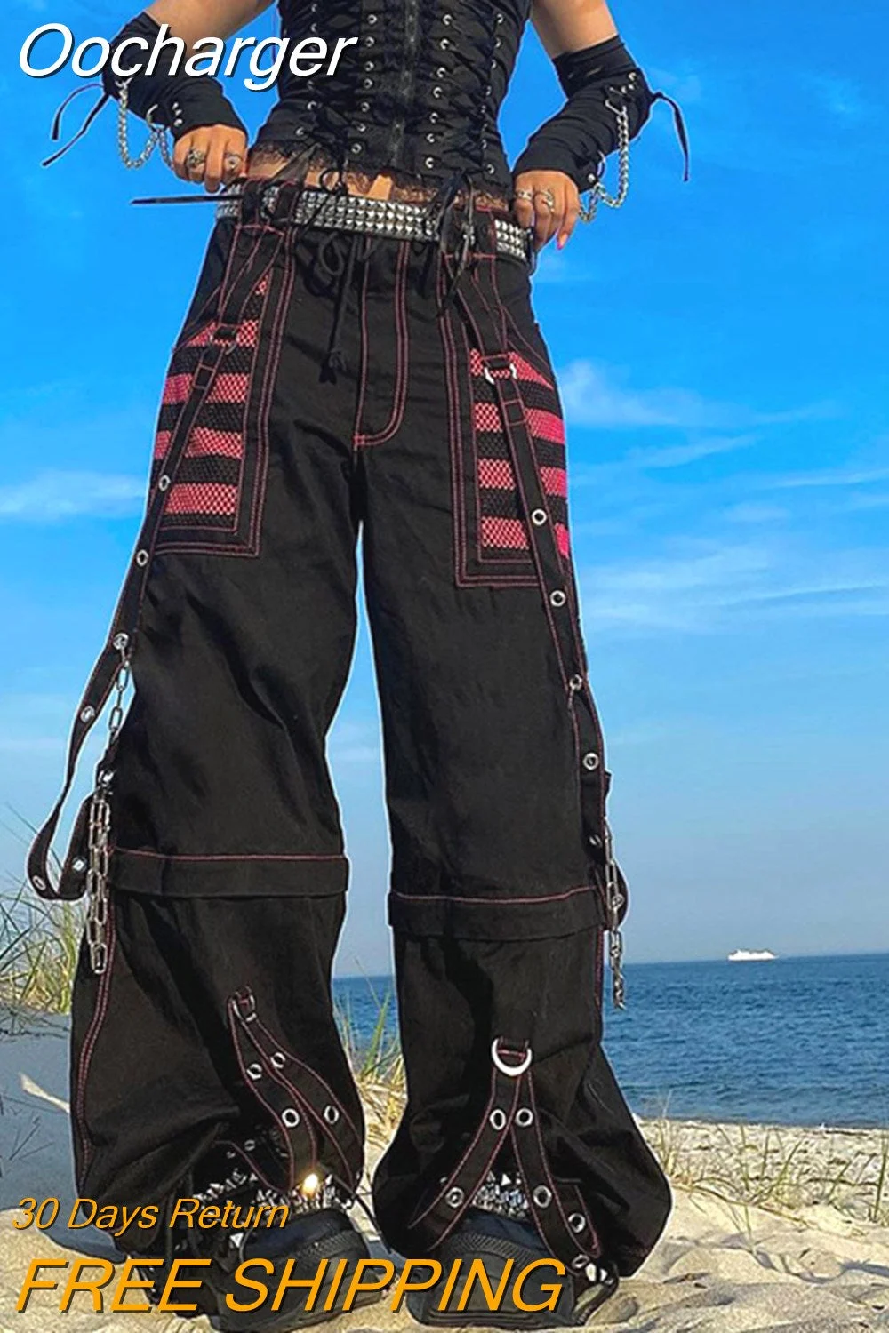 Oocharger Pants Women Punk Style Gothic Chain Bandage Wide leg Low Rise Dark Academic Trousers Streetwear 90s Baggy Pant