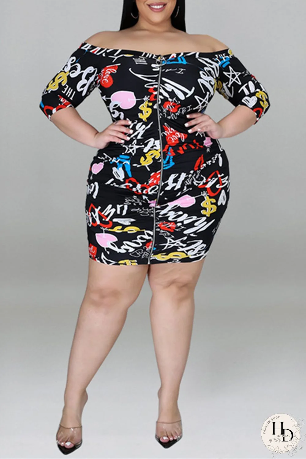 Black Fashion Casual Print Split Joint Zipper Off the Shoulder Long Sleeve Plus Size Dresses