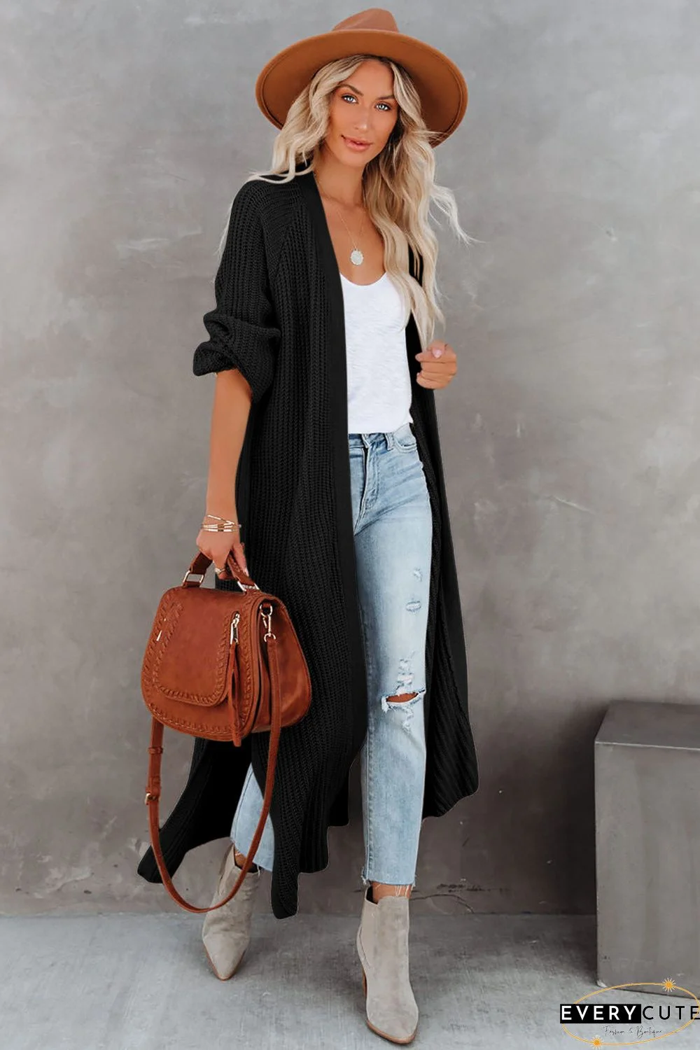Open Front Side Slit Duster Knit Cardigan