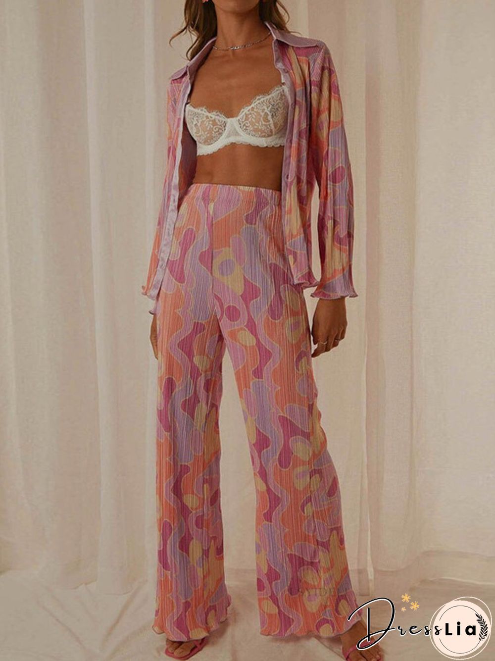 Spring Summer Women Shirt Suits New Cute Fashion High Street Flower Print Long Sleeve Lapel Cardigan + Long Pants Two Piece Set