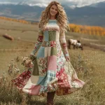 Women's Floral Patchwork Art Cozy Knit Maxi Sweater Dress - Image 2
