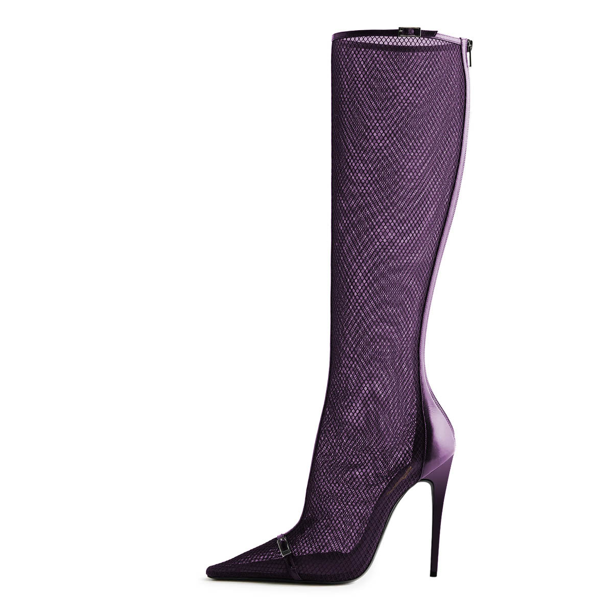 Purple Mesh Buckle Strap Pointed Toe Zipper Knee High Heeled Boots Nicepairs