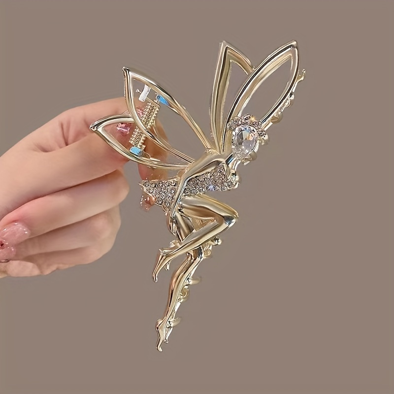 Elegant Hair Clip With Diamond-studded Dancing Butterfly Wings, Stylish Shark Hair Clip With Golden Disc For The Back Of The Head, Fashionable Hair Accessory For Women