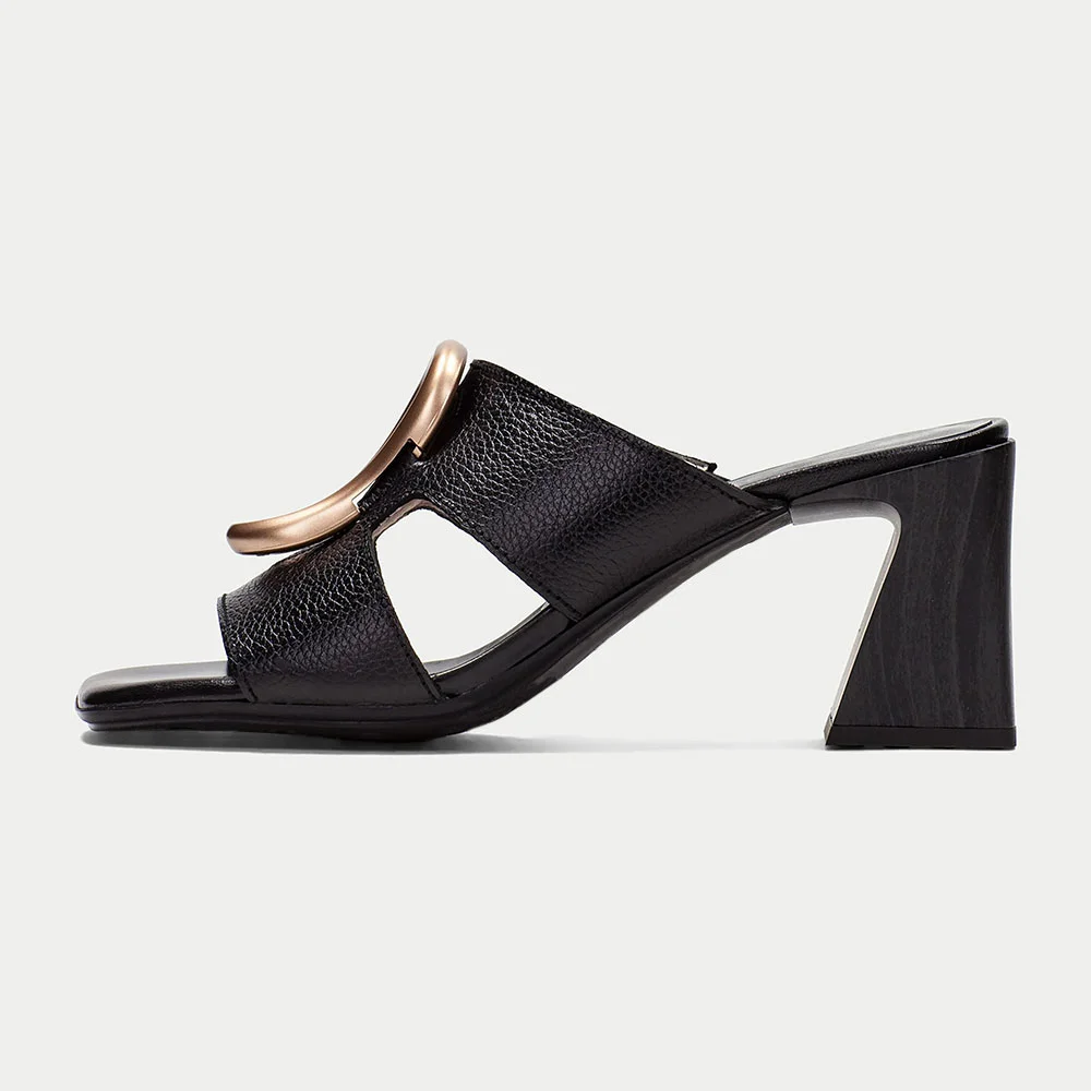 Black Square Toe Chunky Heel Cut Out Metal Decor Mules Sandals