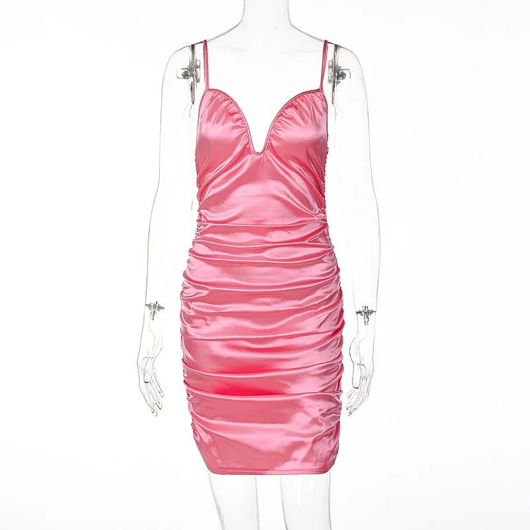 Promsstyle deep v neck ruched mini slip dress Prom Dress 2023