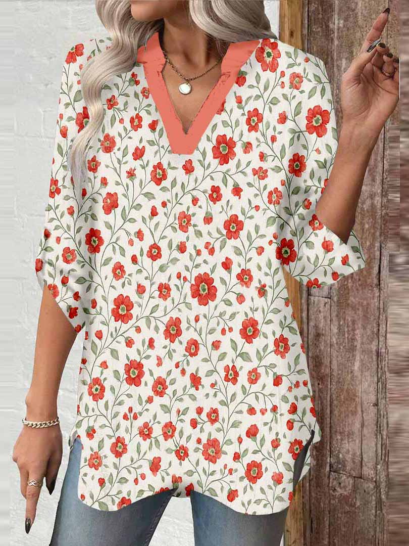 Women Floral, Red DZGA0354 3/4 Sleeve V-neck Printed Graphic Button Tops