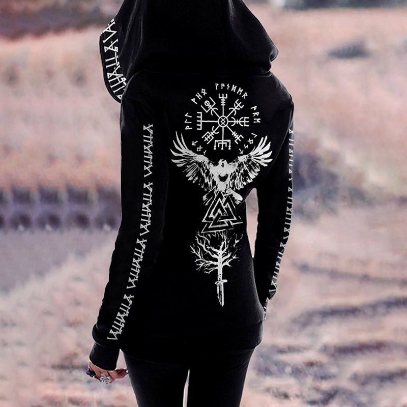 Retro Viking Valhalla Hawk Totem Print Hoodie