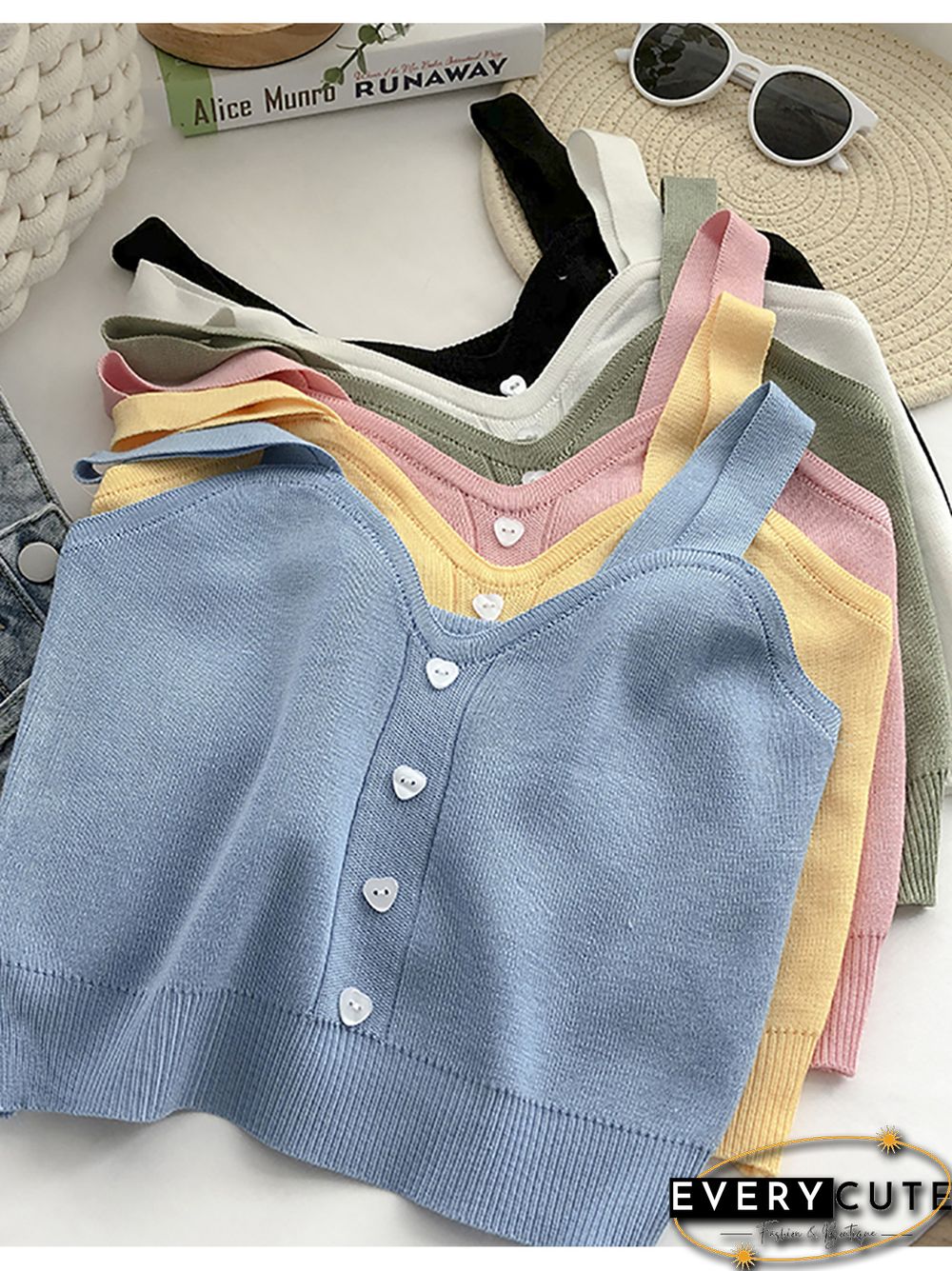 Heliar Tops Women Crop Tops Summer Plain Button Up Cute Knitted Tops Tank Tops For Women New Fashion