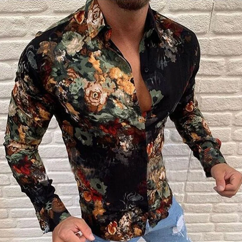 Men  Henry Hip Hop Tie Dye Snap Button Long Sleeve Shirts Men Fashion Casual Streetwear Dress Shirt Male Hipster Shirts Tops