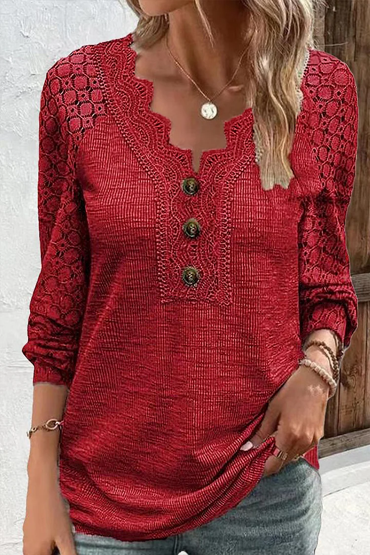 Guipure Lace Rib-Knit Button Front Scallop Trim Blouse