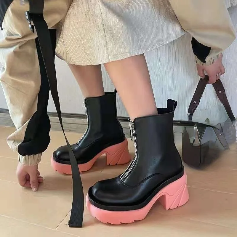 2021 New Women Modern Boots Autumn Winter High Quality Platform Cozy Warm Ankle Boots Round Toe Zip Mid Heel Casual Shoes Pumps