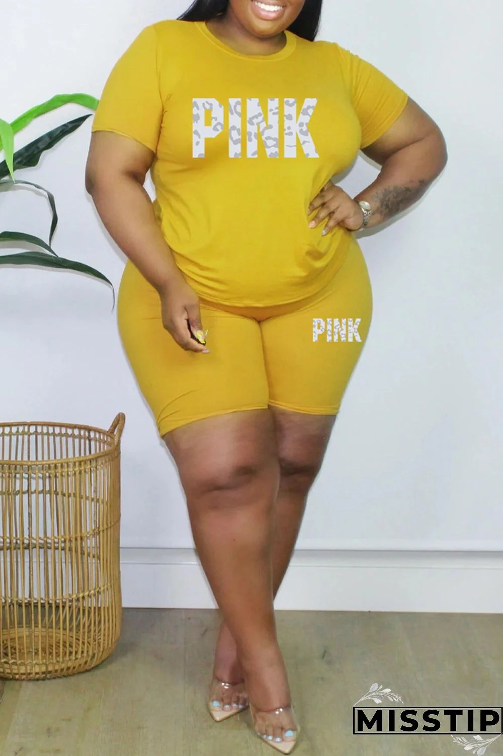 Black Fashion Casual Letter Print Basic O Neck Plus Size Two Pieces