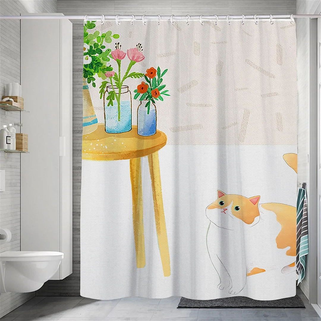 Modern Small Fresh Shower Flower Cat Shower Curtain Polyester Frabic Waterproof Polyester Bathroom Curtain with Hooks Home Decor