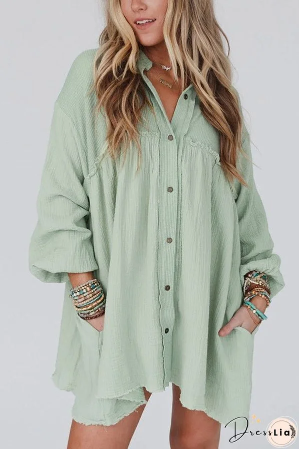 Patchwork Crinkled Puff Sleeve Raw Hem Dress