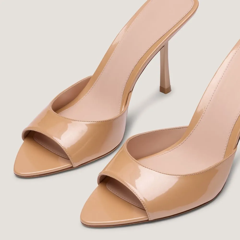Patent Leather Slip On Open Toe Stiletto Heel Nude Sandals