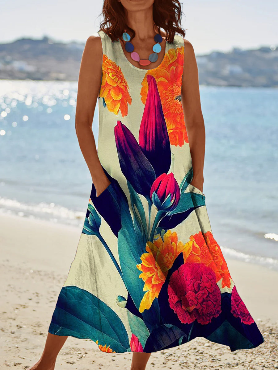 Women's Vintage Floral Pattern Round Neck Dress