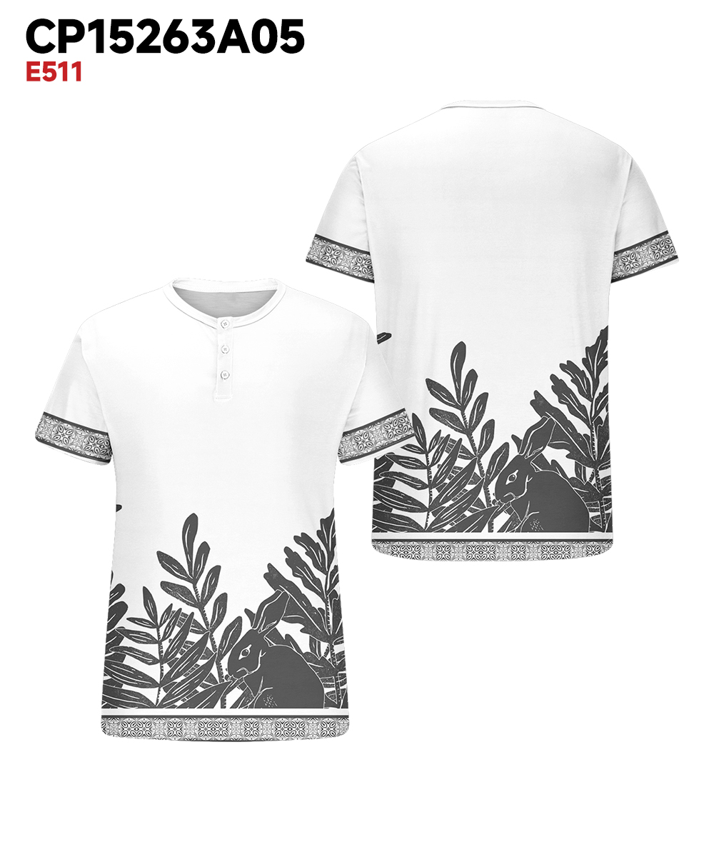 Men's Plus Size Hawaiian Plant Rabbit Print Henry Collar Button Short Sleeve Tee