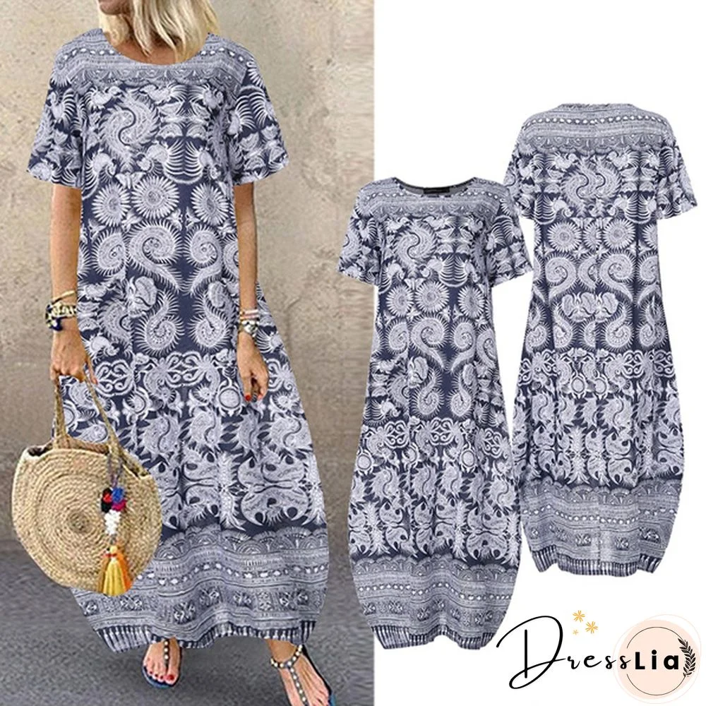 Fashion Summer Women Retro Printed Dress Casual Loose Ladies Cotton Dress Plus