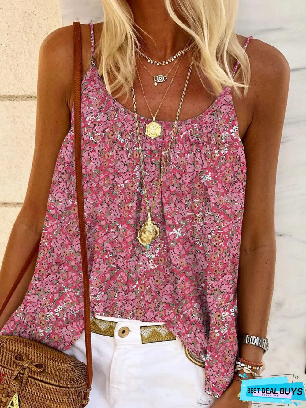 Casual Floral Sleeveless Round Neck Printed Top Vests