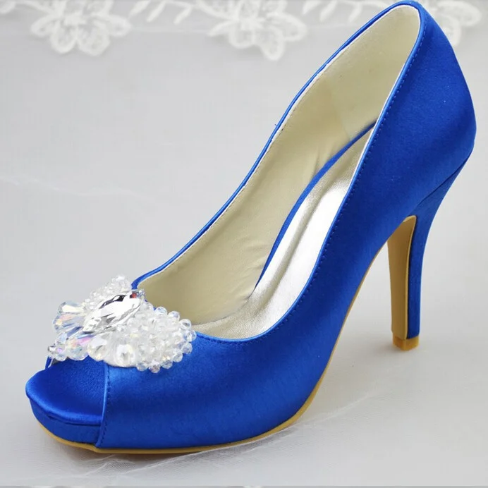 Royal Blue Rhinestone Peep Toe Platform Stilettos for Brides Vdcoo