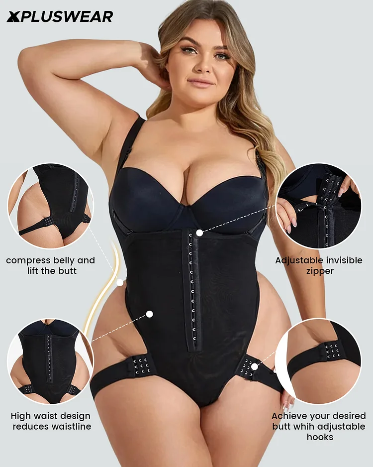 Xpluswear  Design Plus Size Black Casual High Waist Adjustable Hooks Elastic Shapewear