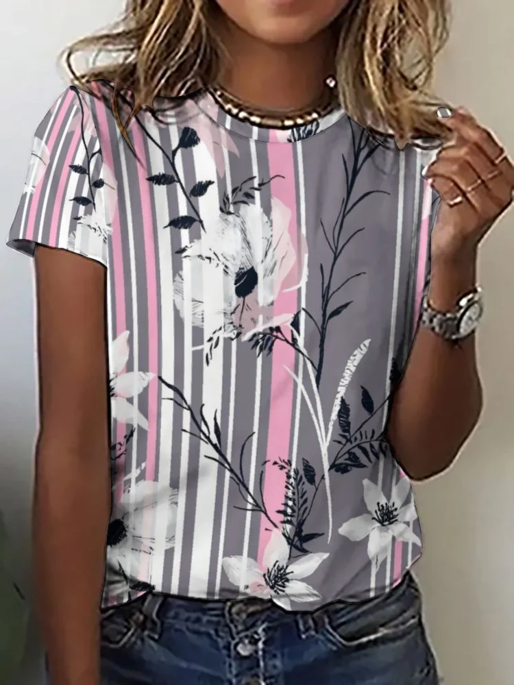 Style & Comfort for Mature Women Printed Short Sleeve Casual T-shirt for  Women and Men Unisex Pattern Floral, Striped, Black, Pink