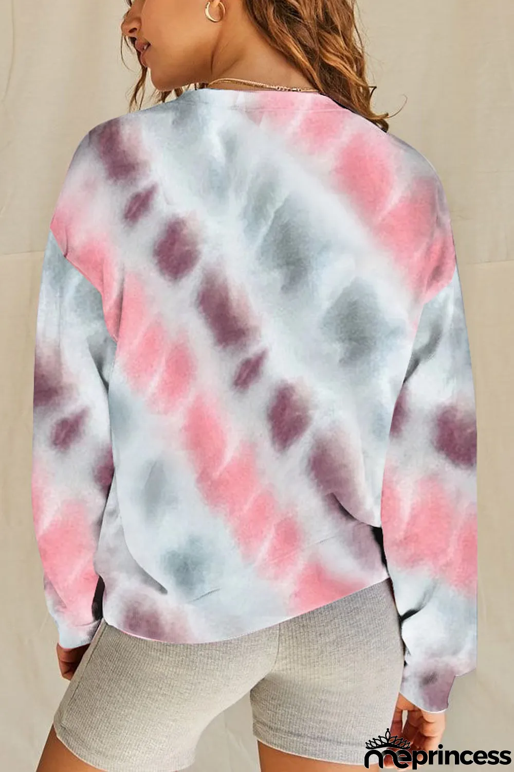 Pink Casual Tie-dye Round Neck Sweatshirt