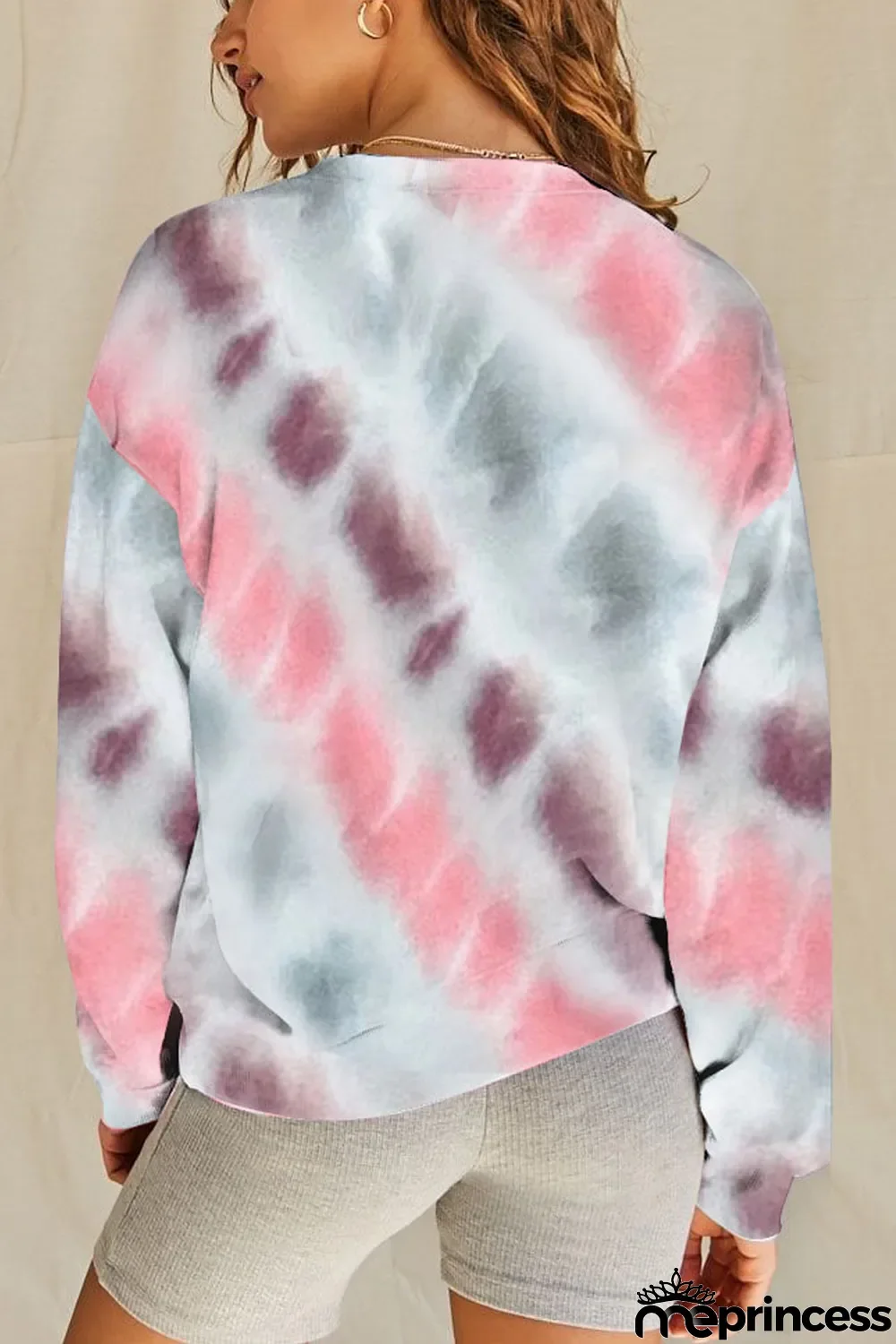 Pink Casual Tie-dye Round Neck Sweatshirt