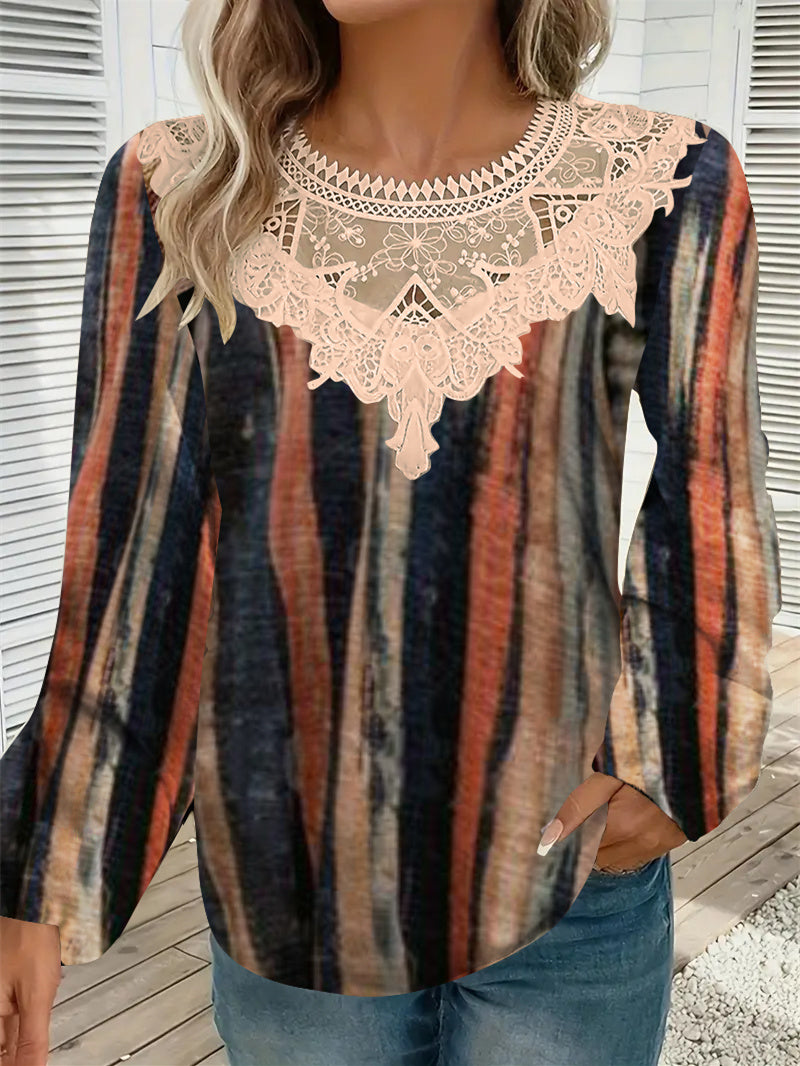 Women Long Sleeve Scoop Neck Striped Printed Lace Tops