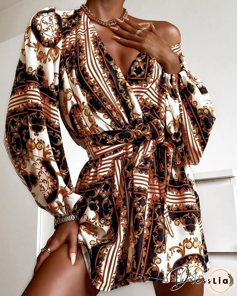 Lantern Sleeve Tied Detail Scarf Print Dress