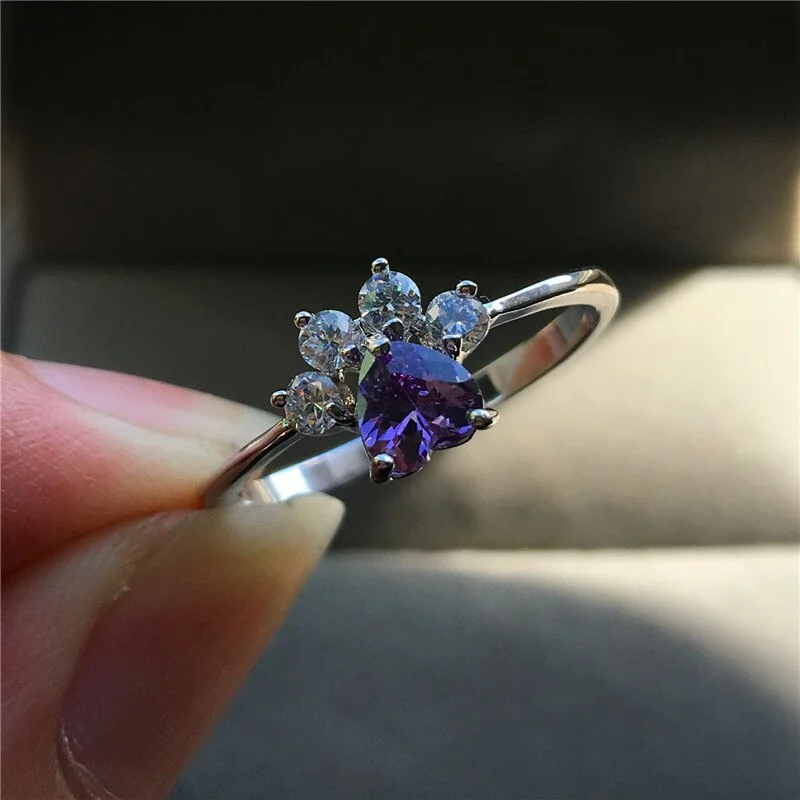 Cute Female Green Blue Zircon Stone Ring Fashion Dog Cat Bear Paw Claw Ring Heart Wedding Engagment Rings For Women