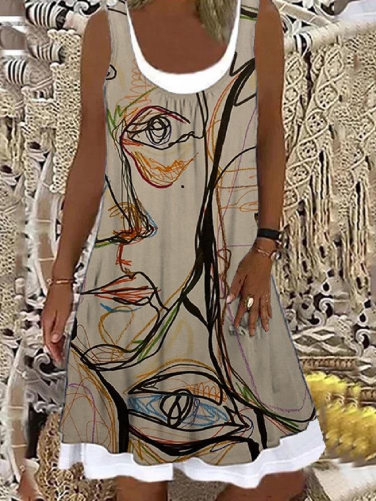 Women's Fashion Sleeveless Floral Printed Graphic Stitching Dress