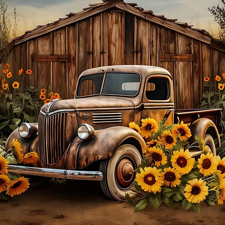 Sunflower Vintage Car 40*40CM (Canvas) Full Round Drill Diamond Painting gbfke