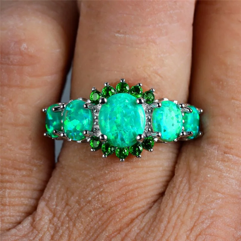 Luxury Female Green Opal Oval Ring Charm Silver Color Thin Engagement Ring Vintage Bride Zircon Stone Wedding Rings For Women