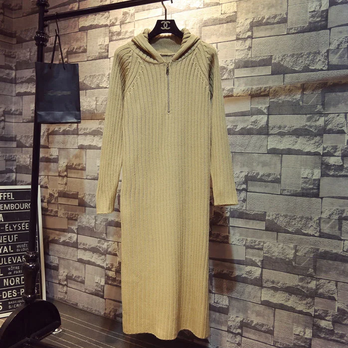 Autumn and winter fashion temperament new hooded long over-the-knee sweater dress women loose solid color knitted dress