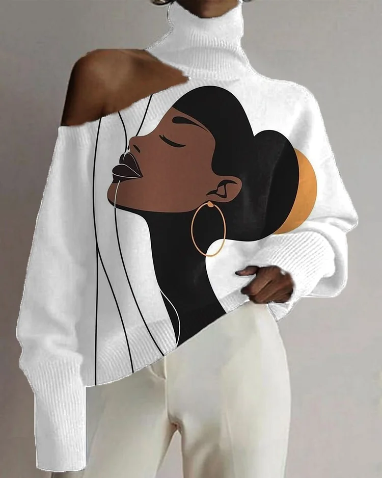Black Art Print Cutout Turtleneck Top