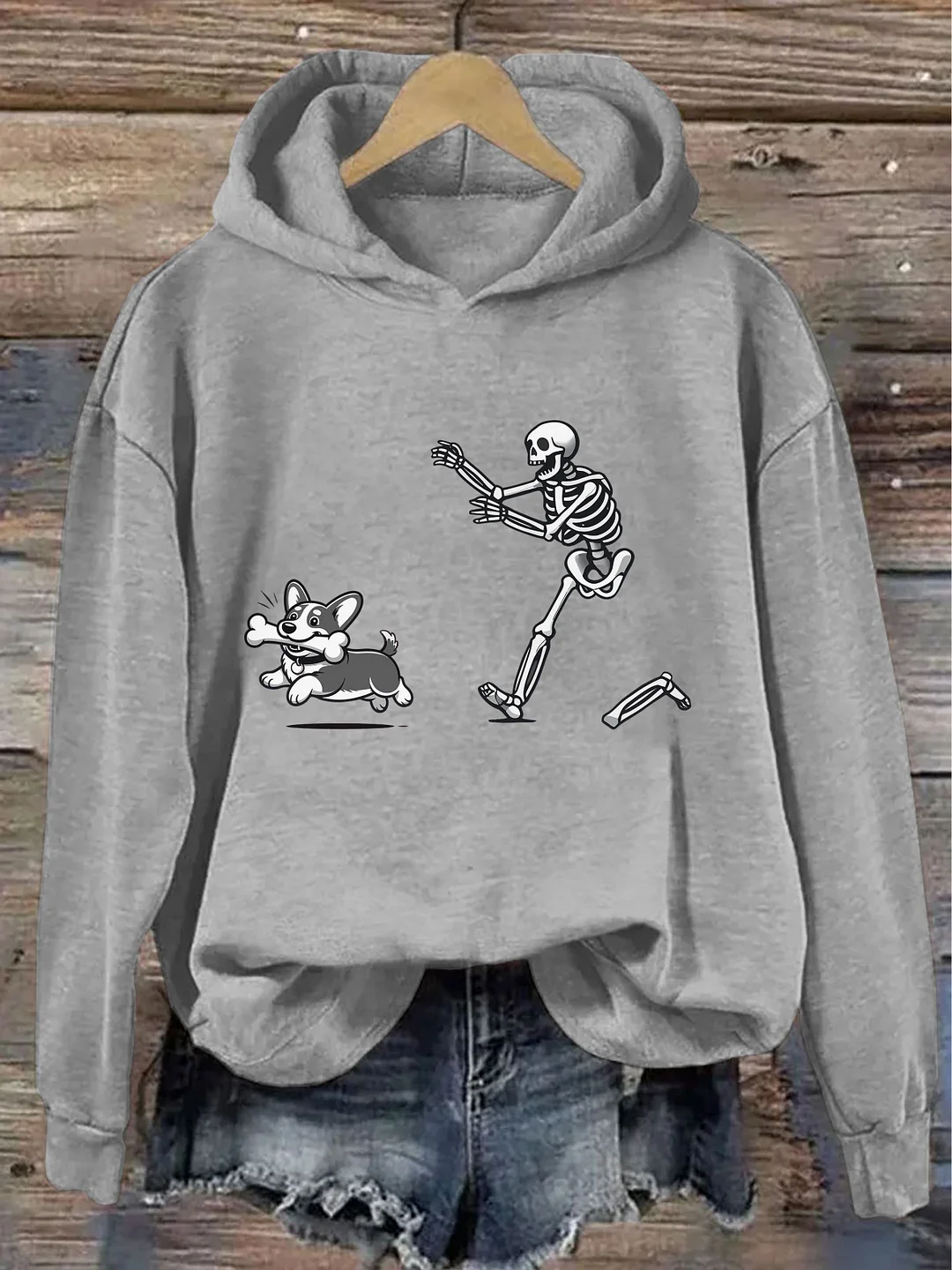 Funny Skeleton Chasing Corgi Hoodie