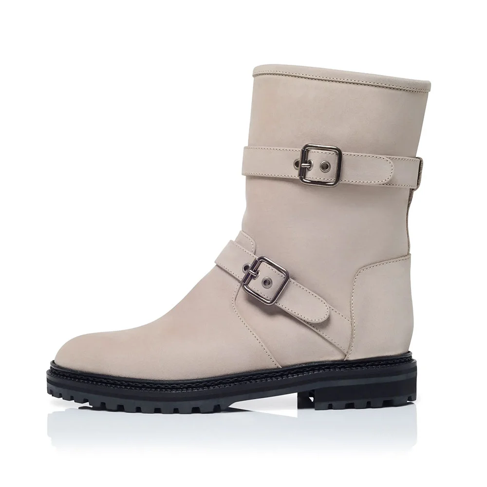 Khaki Chunky Low Heel Side Zipper Buckle Short Boots for Women