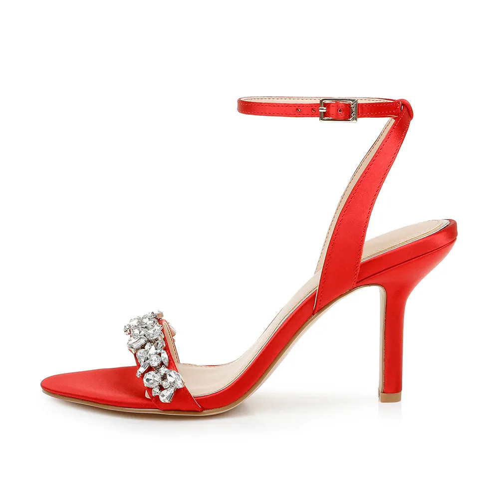 Satin Open Toe Rhinestone Red Ankle Strap Stiletto High Heel Sandals