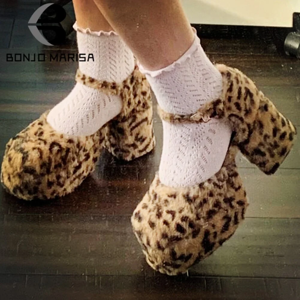 Fashion Round Toe Leopard Fuzzy Square Heels Marry Janes Pumps Buckle Strappy Sweet Cute Plush Spring Autumn Comfy Shoes Women