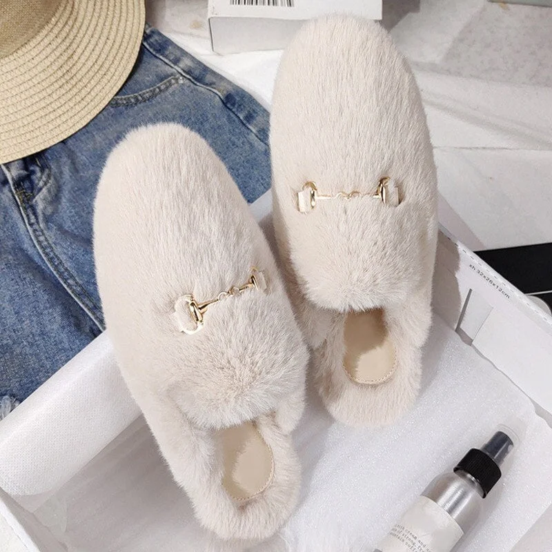 Women Mules Fur Slippers Home Winter Shoes Plush Female Fashion Warm Comfort Couple Flats Shoe Ladies Plus Size Elegant Luxury